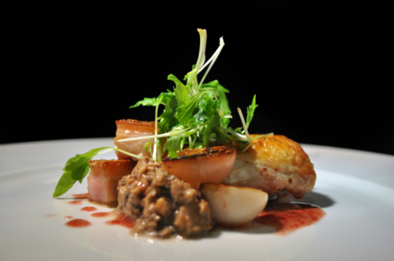 Modernize Coq Au Vin; slow cooked chicken thigh, pancetta, mushroom pate and red wine dressing