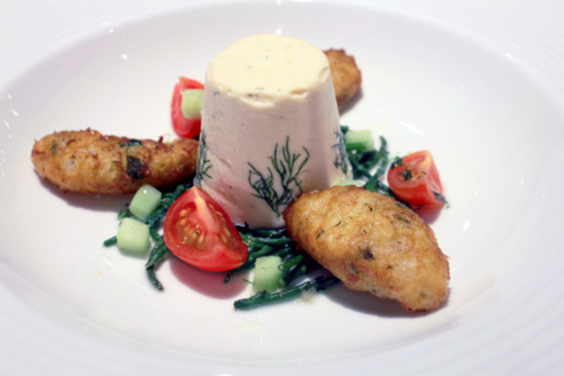 Philadelphia Salmon mousse with a melting Philadelpia centre, Samphire & Tomato salad & Philadelphia Beignets